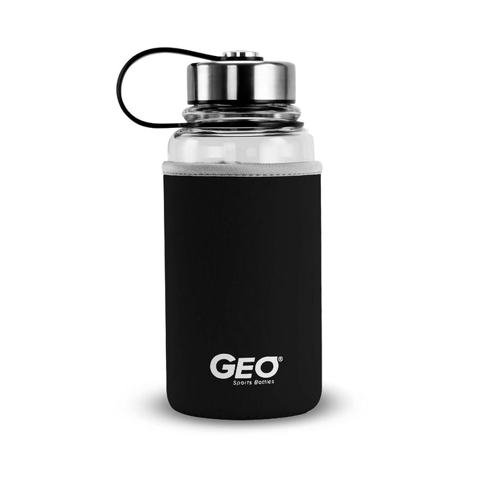 1 Liter Glass Water Bottle, Sports Bottle, with 65 mm Steel Cap and Protective Sleeve, GEO