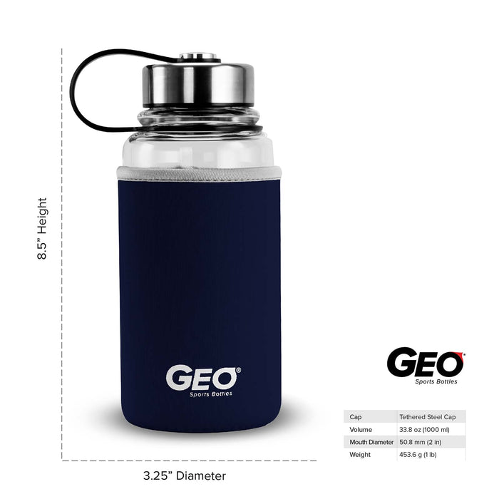 1 Liter Glass Water Bottle, Sports Bottle, with 65 mm Steel Cap and Protective Sleeve, GEO