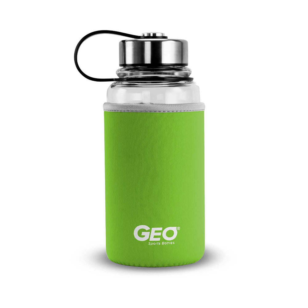 1 Liter Glass Water Bottle, Sports Bottle, with 65 mm Steel Cap and Protective Sleeve, GEO