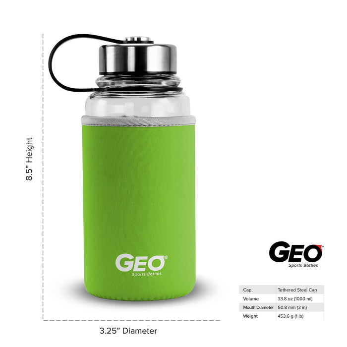 1 Liter Glass Water Bottle, Sports Bottle, with 65 mm Steel Cap and Protective Sleeve, GEO