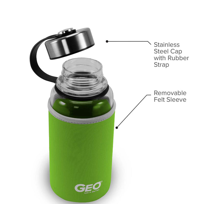 1 Liter Glass Water Bottle, Sports Bottle, with 65 mm Steel Cap and Protective Sleeve, GEO