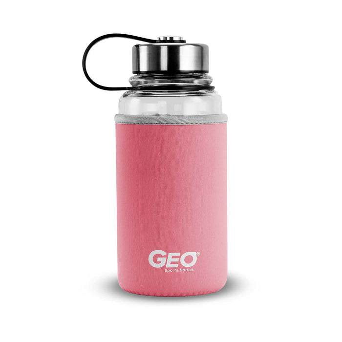 1 Liter Glass Water Bottle, Sports Bottle, with 65 mm Steel Cap and Protective Sleeve, GEO