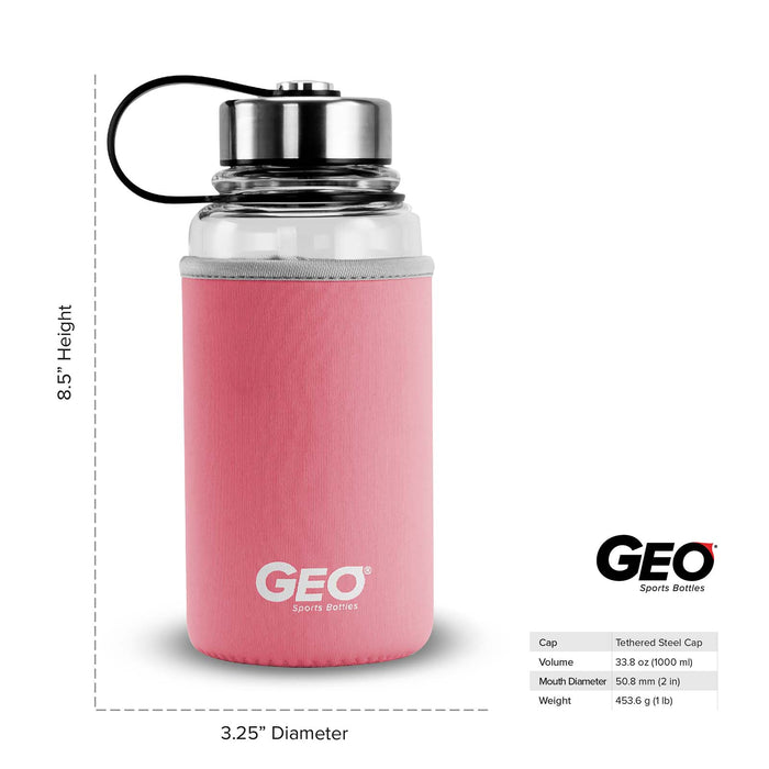 1 Liter Glass Water Bottle, Sports Bottle, with 65 mm Steel Cap and Protective Sleeve, GEO