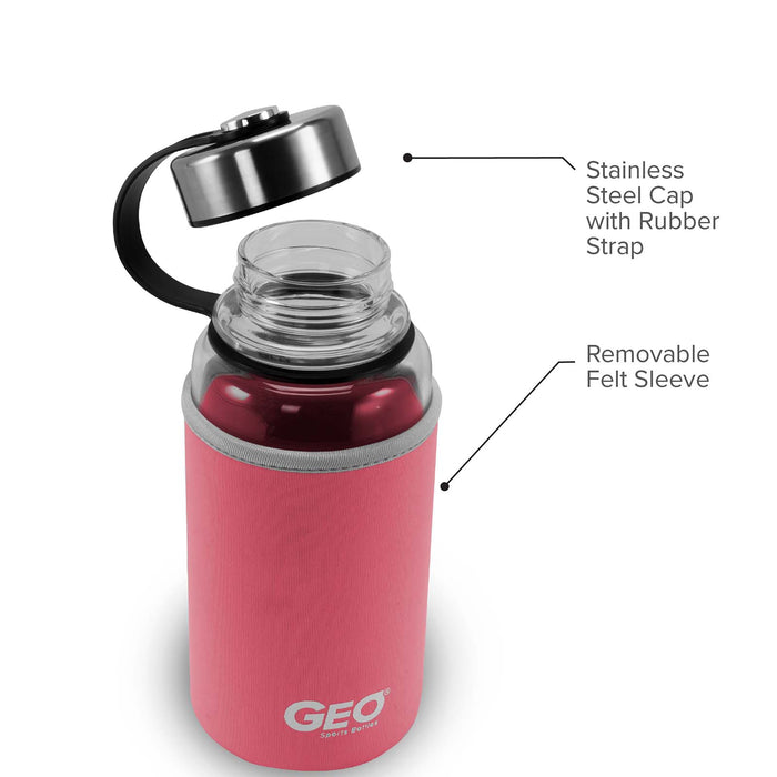 1 Liter Glass Water Bottle, Sports Bottle, with 65 mm Steel Cap and Protective Sleeve, GEO