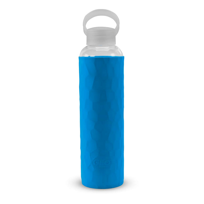 20 Ounce Glass Water Bottle, Sports Bottle, with 40 mm Plastic Cap and Protective Sleeve, GEO