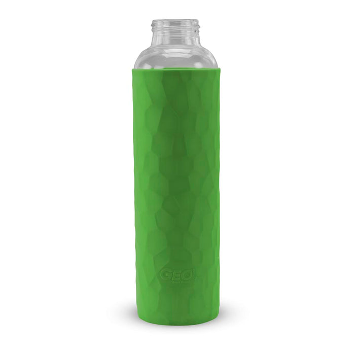 20 Ounce Glass Water Bottle, Sports Bottle, with 40 mm Plastic Cap and Protective Sleeve, GEO