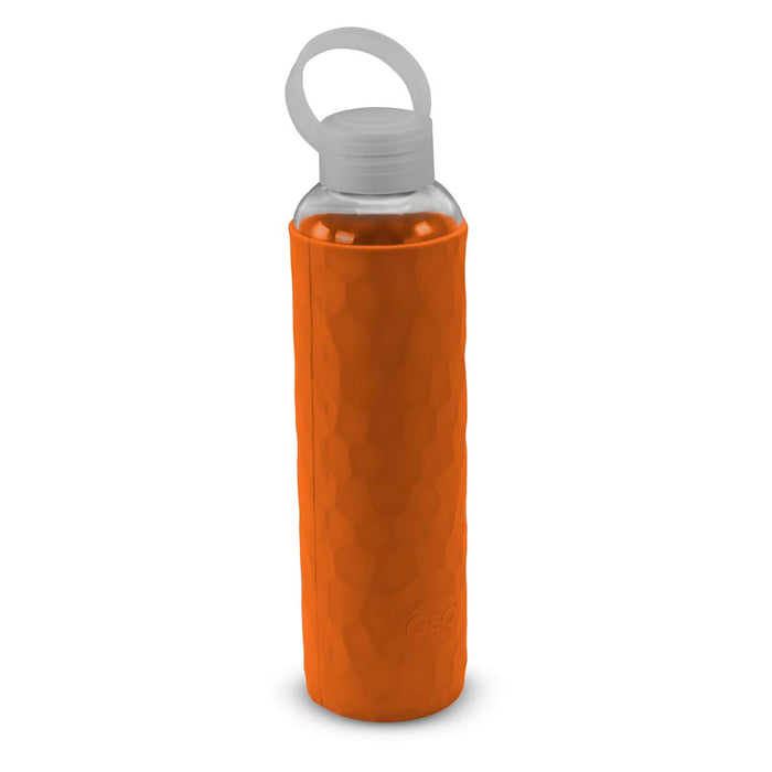 20 Ounce Glass Water Bottle, Sports Bottle, with 40 mm Plastic Cap and Protective Sleeve, GEO