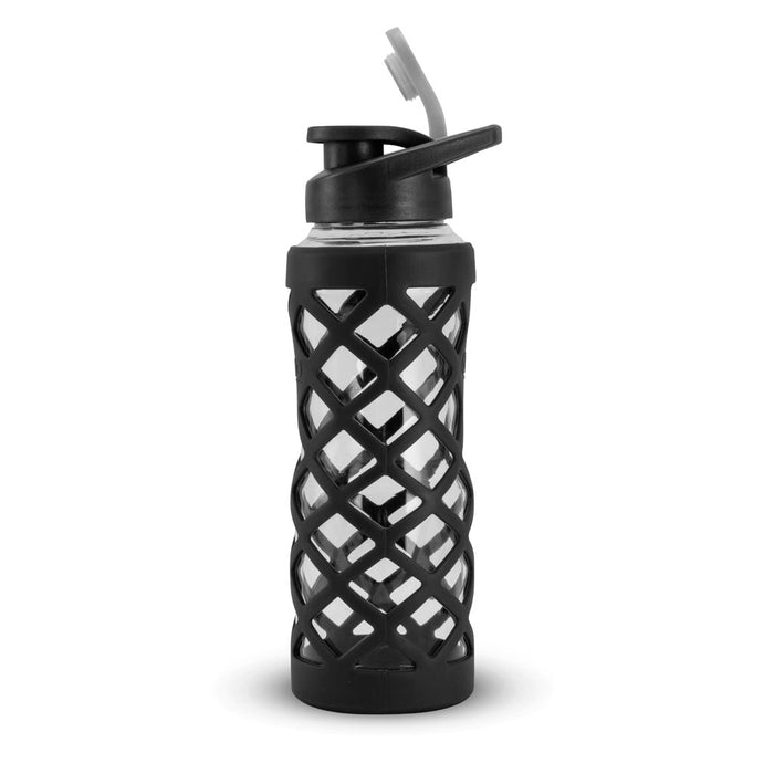 24 Ounce Glass Water Bottle, Sports Bottle, with 40mm Plastic Cap and Protective Sleeve, GEO