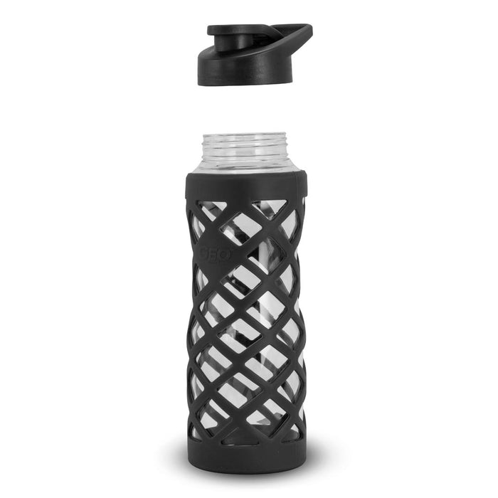24 Ounce Glass Water Bottle, Sports Bottle, with 40mm Plastic Cap and Protective Sleeve, GEO