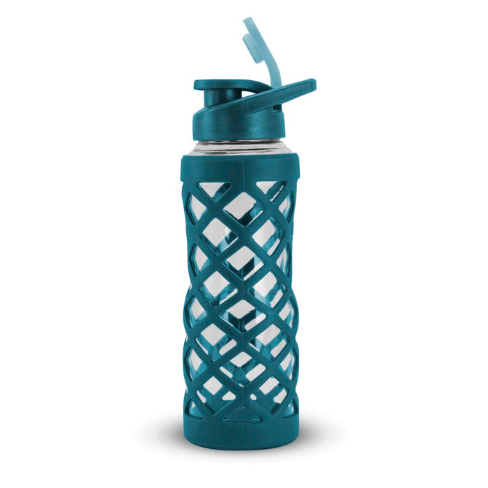 24 Ounce Glass Water Bottle, Sports Bottle, with 40mm Plastic Cap and Protective Sleeve, GEO
