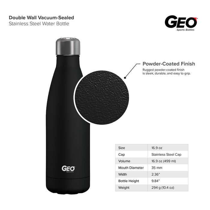 17 ounce Stainless Steel Water Bottle, Powdered Sports Bottle, with 38 mm Steel Cap, GEO