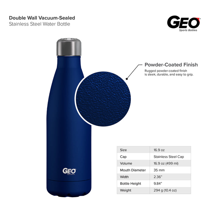 17 ounce Stainless Steel Water Bottle, Powdered Sports Bottle, with 38 mm Steel Cap, GEO