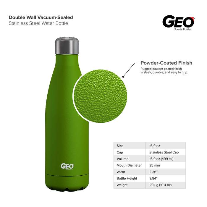 17 ounce Stainless Steel Water Bottle, Powdered Sports Bottle, with 38 mm Steel Cap, GEO