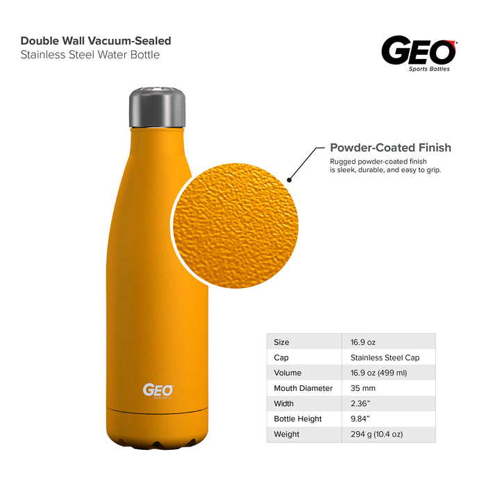 17 ounce Stainless Steel Water Bottle, Powdered Sports Bottle, with 38 mm Steel Cap, GEO