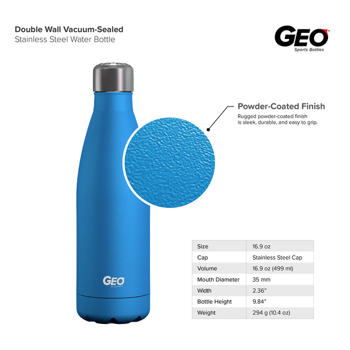 17 ounce Stainless Steel Water Bottle, Powdered Sports Bottle, with 38 mm Steel Cap, GEO