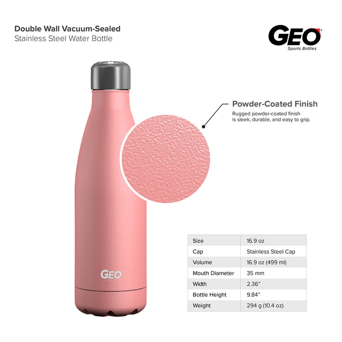 17 ounce Stainless Steel Water Bottle, Powdered Sports Bottle, with 38 mm Steel Cap, GEO