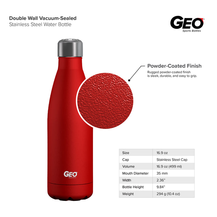 17 ounce Stainless Steel Water Bottle, Powdered Sports Bottle, with 38 mm Steel Cap, GEO