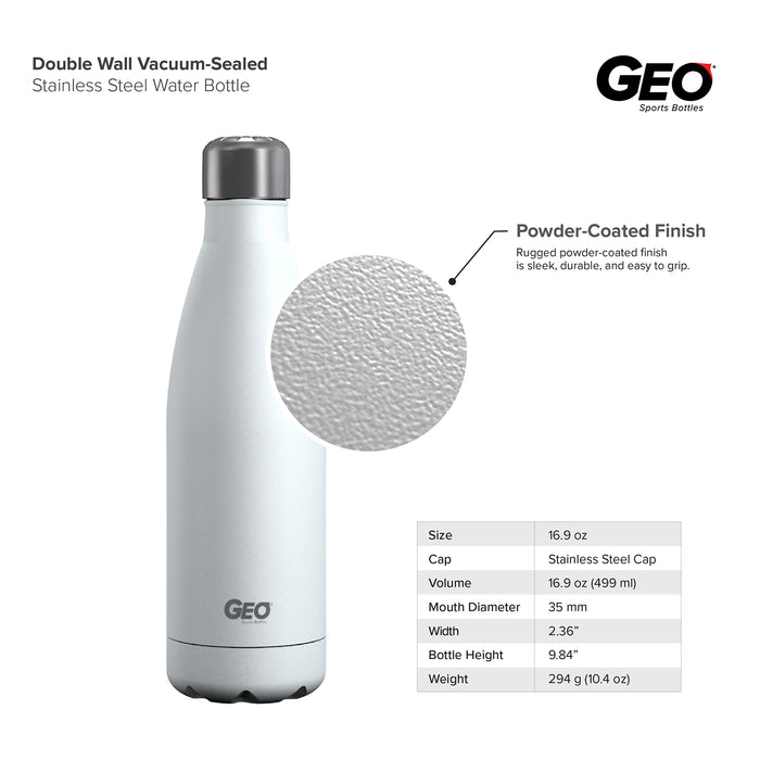 17 ounce Stainless Steel Water Bottle, Powdered Sports Bottle, with 38 mm Steel Cap, GEO