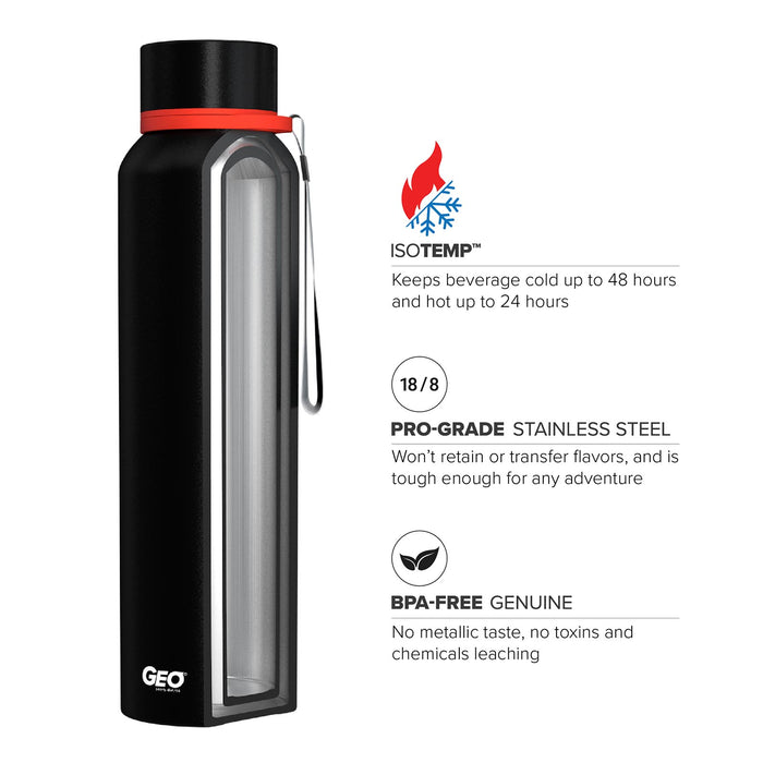 28 Ounce Stainless Steel Water Bottle, Powdered Sports Bottle, with 58 mm Cap and Carrying Strap, GEO