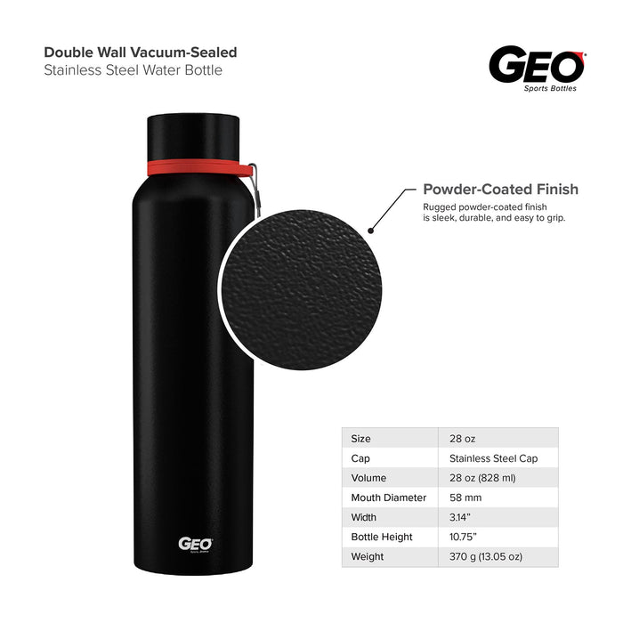 28 Ounce Stainless Steel Water Bottle, Powdered Sports Bottle, with 58 mm Cap and Carrying Strap, GEO