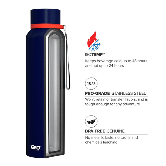28 Ounce Stainless Steel Water Bottle, Powdered Sports Bottle, with 58 mm Cap and Carrying Strap, GEO