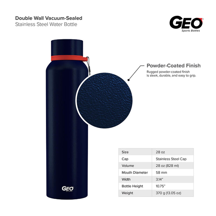28 Ounce Stainless Steel Water Bottle, Powdered Sports Bottle, with 58 mm Cap and Carrying Strap, GEO