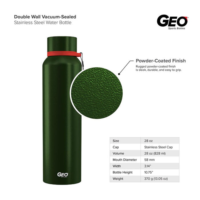28 Ounce Stainless Steel Water Bottle, Powdered Sports Bottle, with 58 mm Cap and Carrying Strap, GEO