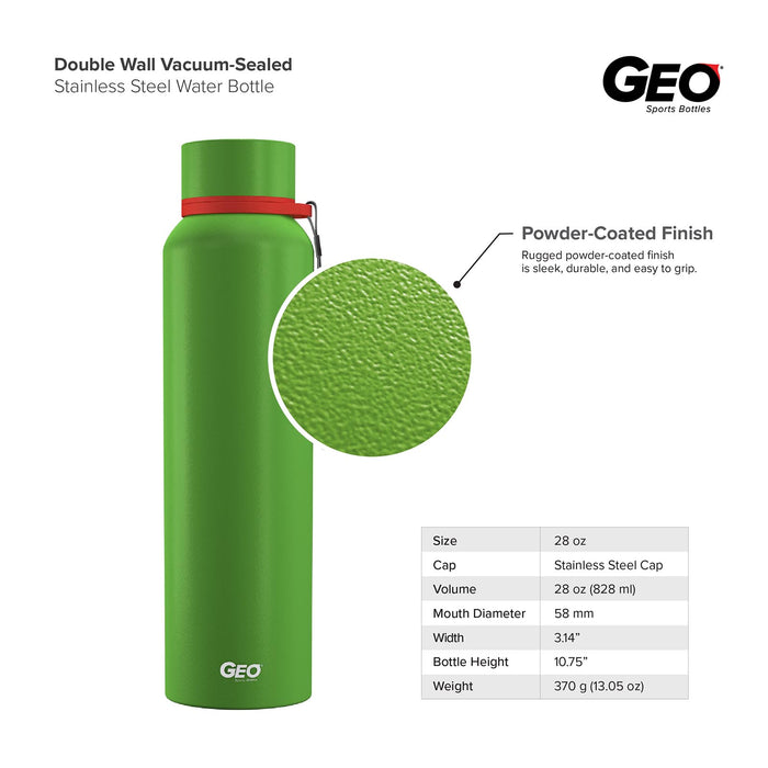 28 Ounce Stainless Steel Water Bottle, Powdered Sports Bottle, with 58 mm Cap and Carrying Strap, GEO