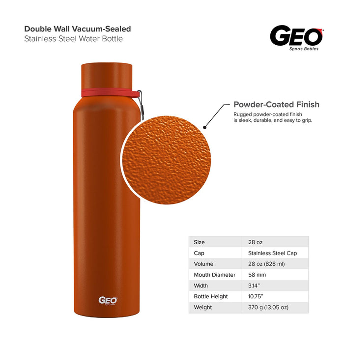 28 Ounce Stainless Steel Water Bottle, Powdered Sports Bottle, with 58 mm Cap and Carrying Strap, GEO