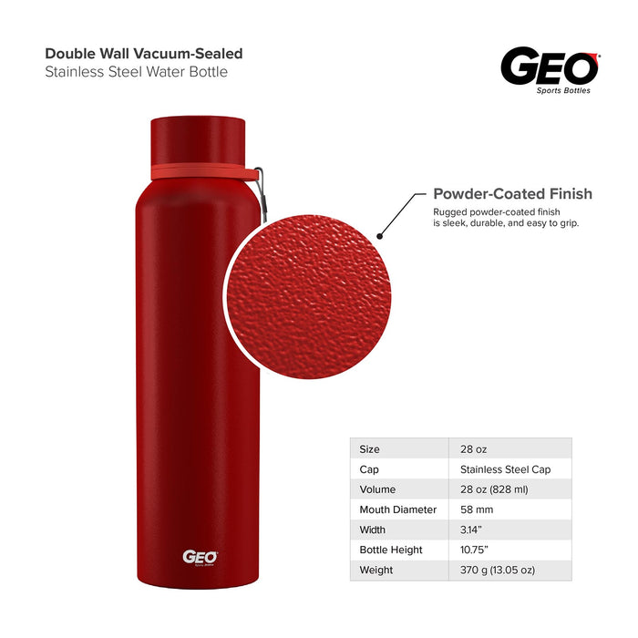 28 Ounce Stainless Steel Water Bottle, Powdered Sports Bottle, with 58 mm Cap and Carrying Strap, GEO
