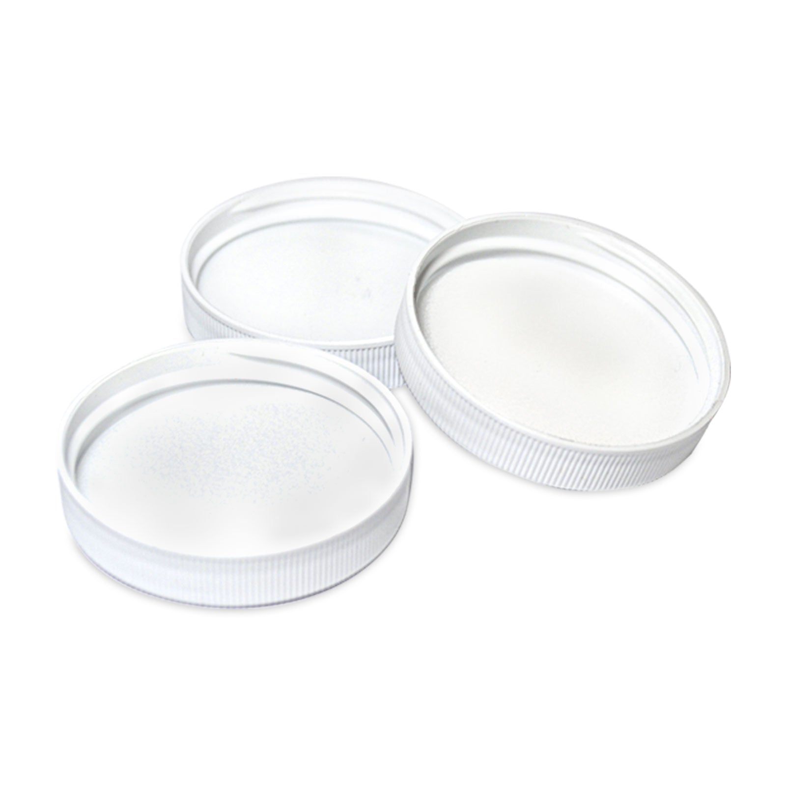Three white screw caps designed for 5-gallon PET water bottles.