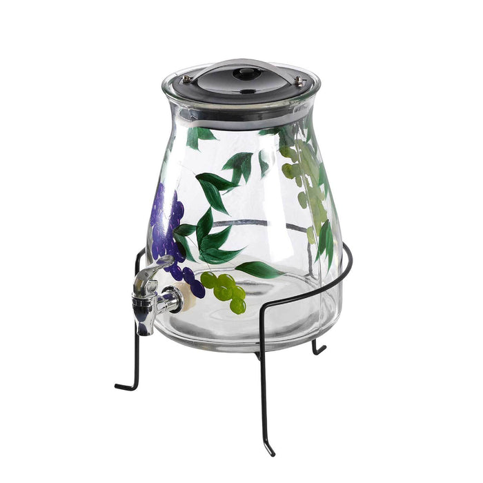 2 Gallon Glass Beverage Dispenser with Grape Leaves Design, with Stand and Lid