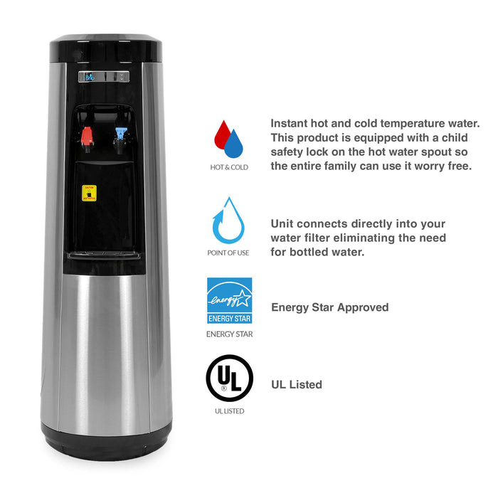 Hot and Cold Filtered Water Dispenser Cooler POU, Black and Stainless Steel, Brio Signature