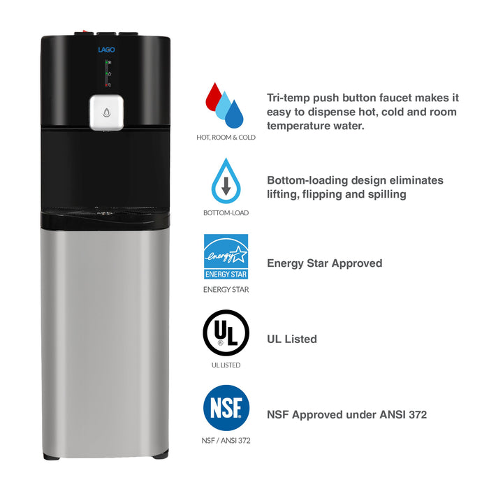 Hot Cold and Room Temp Water Dispenser Cooler Bottom Load, Tri Temp, Black and Brush Stainless Steel, Lago