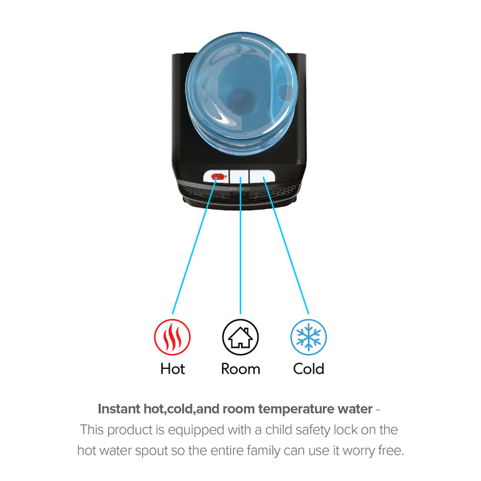Hot Cold and Room Temp Water Dispenser Cooler Top Load, Tri Temp, Black, Lago