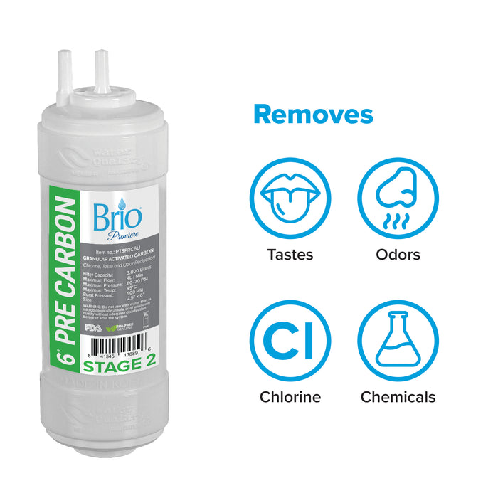Brio Premier 6" Inline U-Type Coconut Shell Pre Carbon Filter 5 Micron
