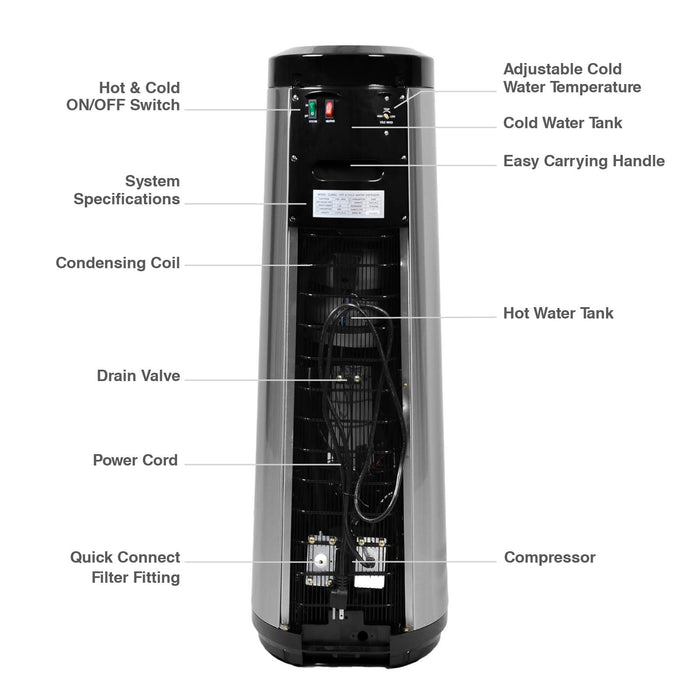 Hot and Cold Filtered Water Dispenser Cooler POU, Black and Stainless Steel, Brio Signature