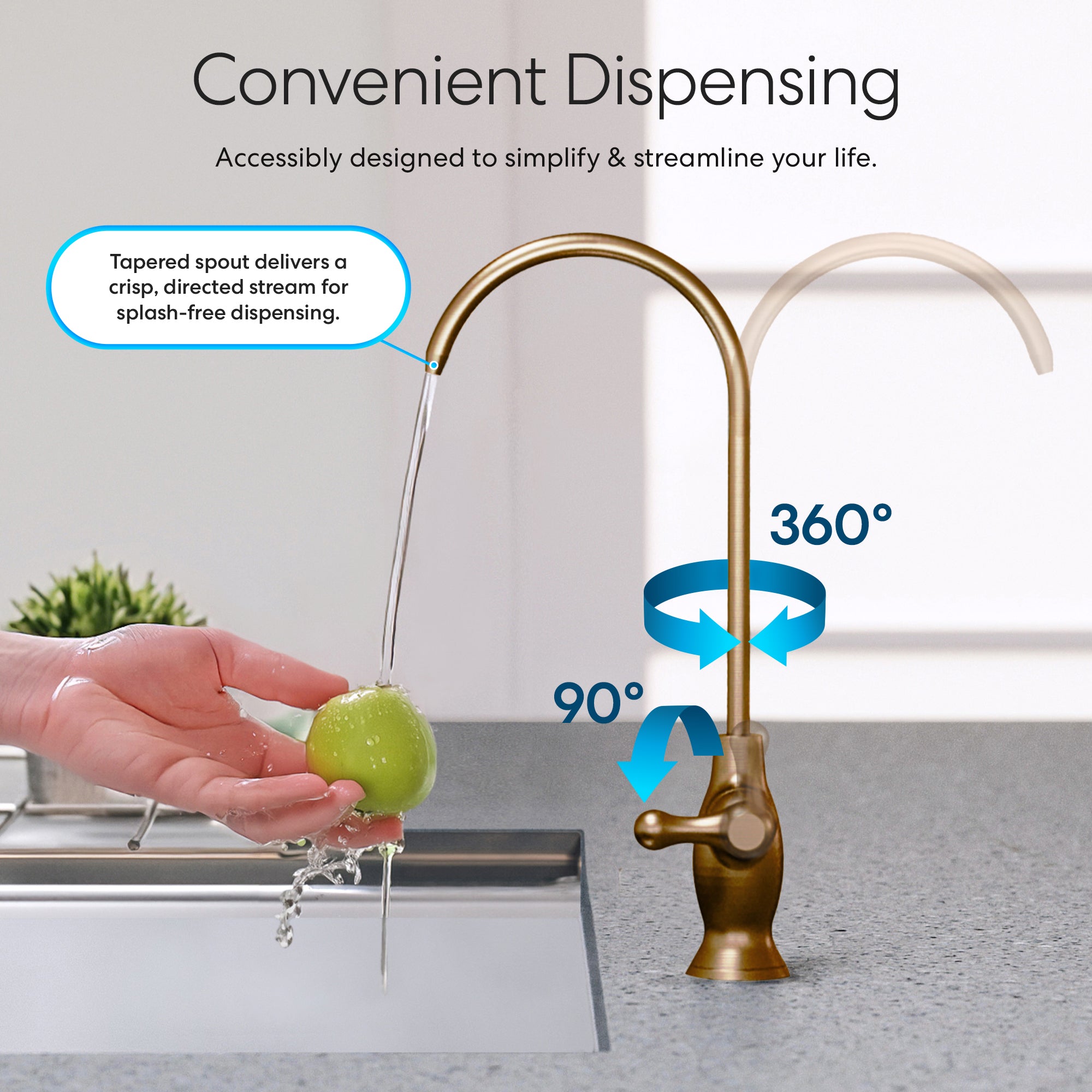 A hand washes a green apple under the Brio Curvy Classic Series Water Faucet – Brushed Bronze. The curved spout rotates 360° horizontally and 90° vertically, dispensing smoothly filtered reverse osmosis water at the sink.