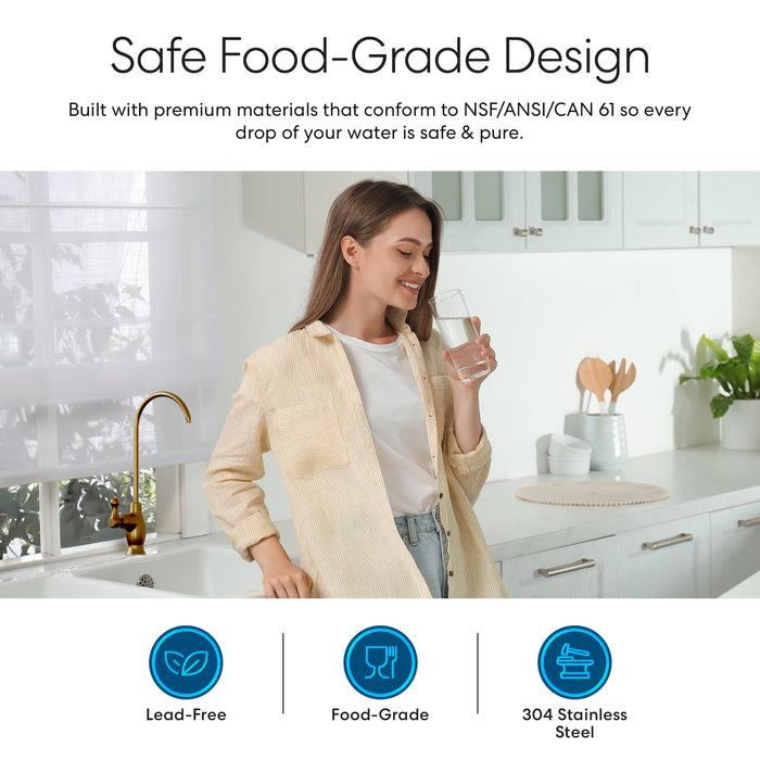 In a bright kitchen, a woman smiles holding a glass of water by the Brio Curvy Classic Series Water Faucet – Brushed Bronze. Text highlights its safe, food-grade design; icons note it's lead-free, RO compatible, and made from 304 stainless steel.