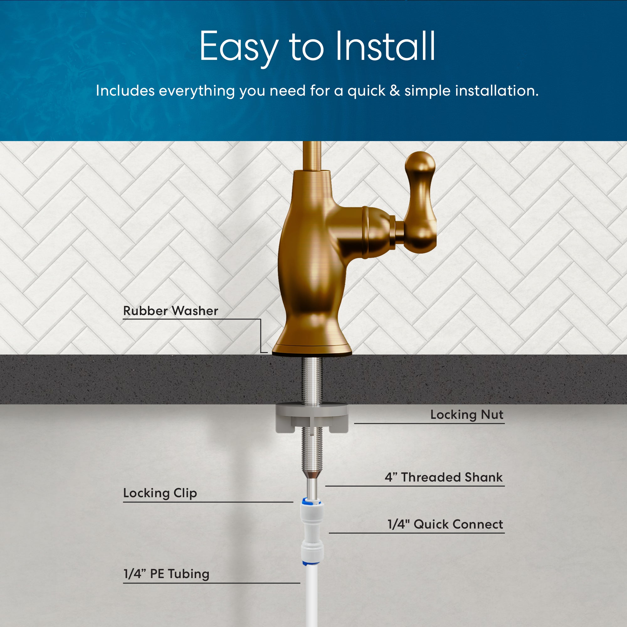 Diagram of the Brio Curvy Classic Series Water Faucet – Brushed Bronze for reverse osmosis systems, with labeled parts: rubber washer, locking nut, 4" threaded shank, locking clip, 1/4" quick connect, and 1/4" PE tubing.