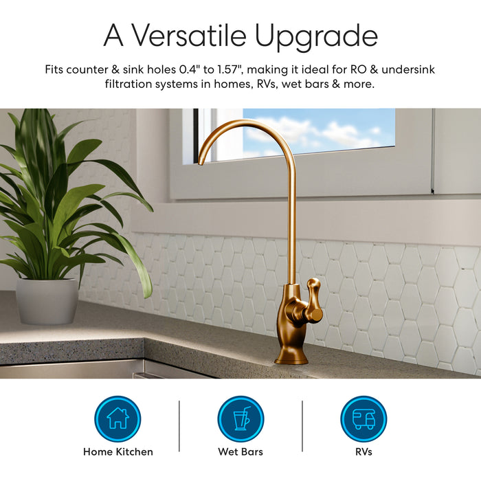 The Brio Curvy Classic Series Water Faucet – Brushed Bronze is installed on a kitchen countertop by a window, with a green potted plant nearby and white hexagon tile backsplash. Icons show its use in home kitchens, wet bars, and reverse osmosis systems.