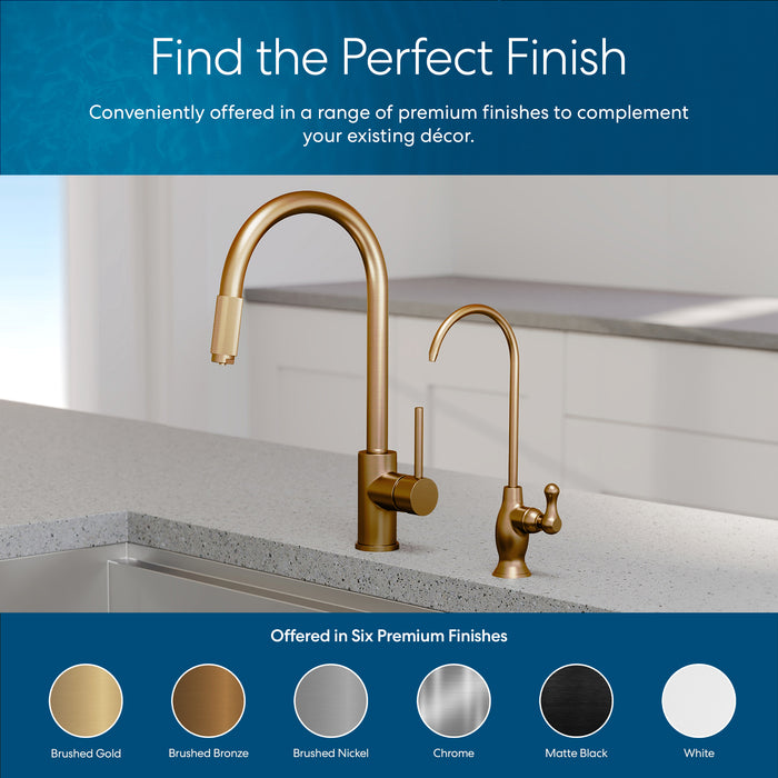 The Brio Curvy Classic Series Water Faucet – Brushed Bronze is a modern kitchen faucet available in six finishes: Brushed Gold, Brushed Bronze, Brushed Nickel, Chrome, Matte Black, White, plus stainless steel for reverse osmosis.