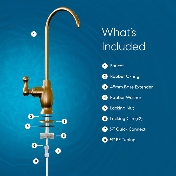 Diagram of the Brio Curvy Classic Series Water Faucet in brushed bronze for reverse osmosis systems, with labeled parts and included items: faucet, O-ring, 45mm base extender, washer, locking nut, 2 clips, 1/4 quick connect & 1/4 PE tubing.