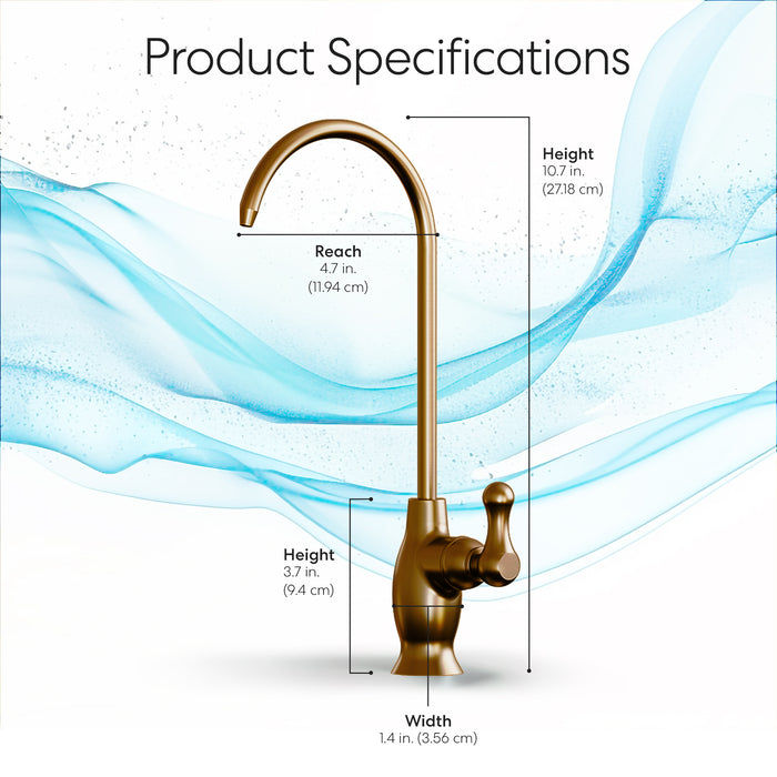 Brio Curvy Classic Series Water Faucet in brushed bronze with labeled dimensions: overall height 10.7 in (27.18 cm), spout reach 4.7 in (11.94 cm), base height 3.7 in (9.4 cm), base width 1.4 in (3.56 cm). Blue wave background design displayed.