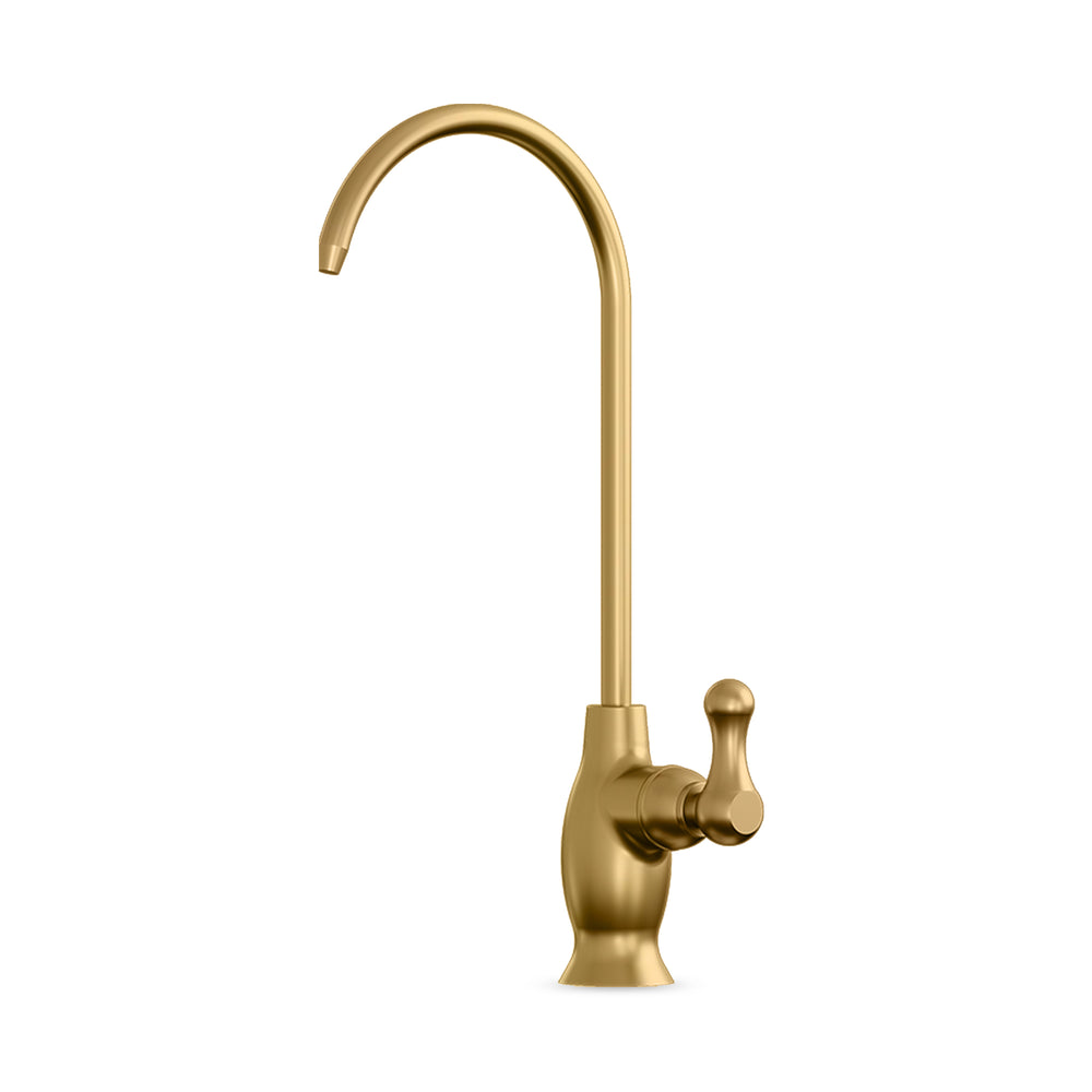 The Brio Curvy Classic Series Water Faucet in brushed gold features a lead-free stainless steel build, high curved spout, and single lever handle, shown here against a white background.