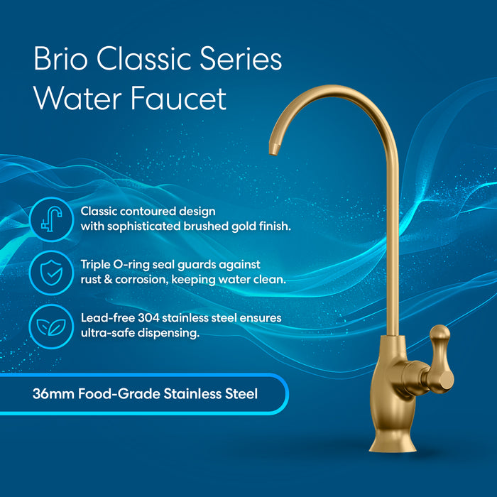 The Brio Curvy Classic Series Water Faucet – Brushed Gold is displayed on a blue background with wave designs. Features include a brushed gold finish, triple O-ring seal, lead-free stainless steel, and 36mm food-grade construction.