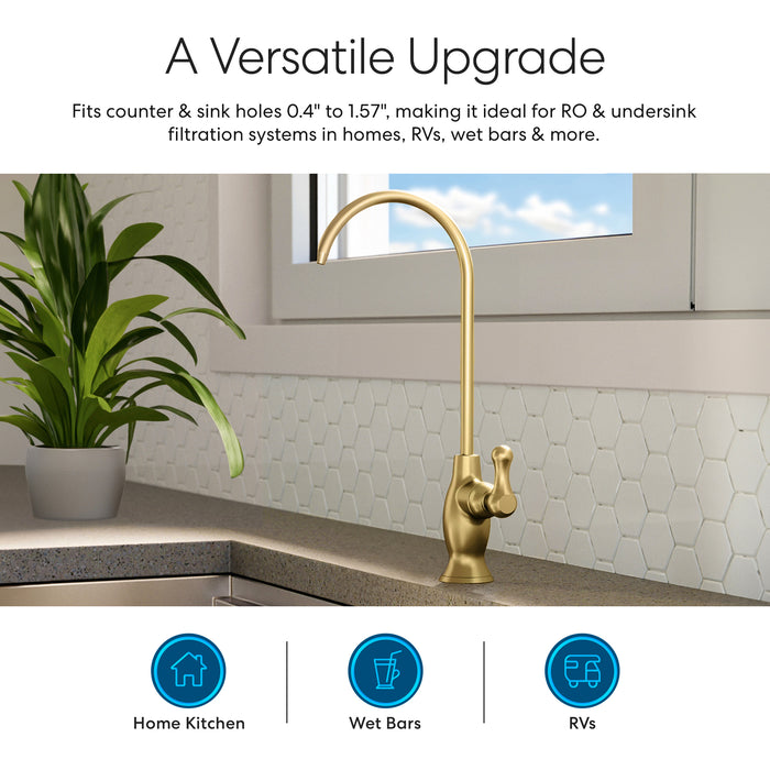 The Brio Curvy Classic Series Water Faucet – Brushed Gold, a modern lead-free stainless steel faucet, is shown on a kitchen counter near a green plant. Text above and icons below highlight its use in home kitchens, wet bars, and RVs.