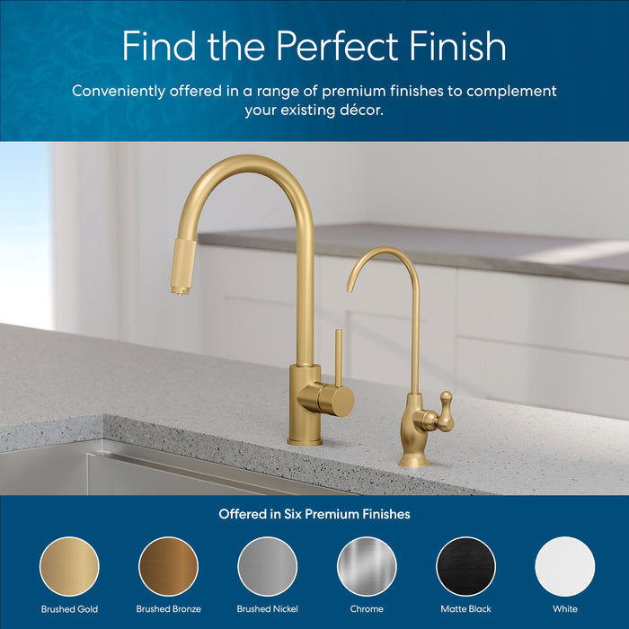 The Brio Curvy Classic Series Water Faucet in brushed gold is a modern, lead-free stainless steel faucet on a speckled countertop. Choose from six finishes: brushed gold, brushed bronze, brushed nickel, chrome, matte black, or white.