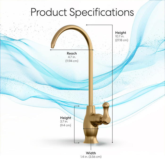 The Brio Curvy Classic Series Water Faucet in brushed gold is shown with dimensions: height 10.7 in (27.18 cm), reach 4.7 in (11.94 cm), handle height 3.7 in (9.4 cm), and base width 1.4 in (3.56 cm). Blue water swirls behind it.