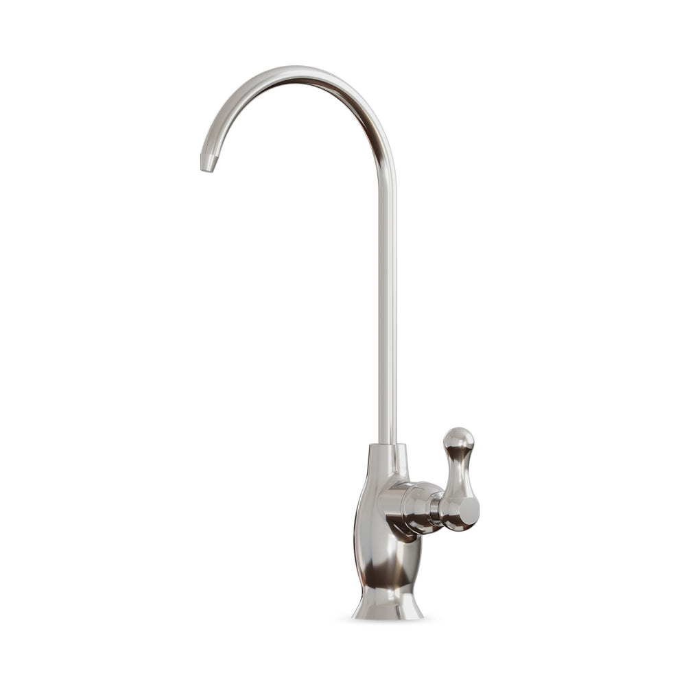 The Brio Curvy Classic Series Water Faucet – Chrome features a high, curved spout and single lever handle. Made from lead-free stainless steel, it’s designed for kitchens with reverse osmosis filtration systems. Shown on a white background.